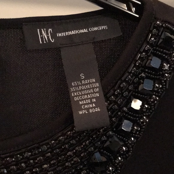 EUC “INC” BLACK COCKTAIL DRESS. EMBELLISHED NECKLINE LONG SLEEVES W/ELASTIC HEM - Picture 6 of 7